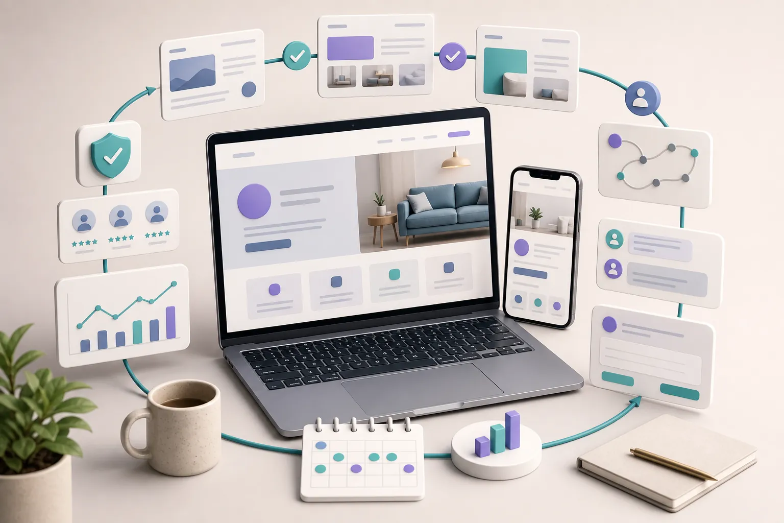 Laptop and phone surrounded by website improvement signals and enquiry cards