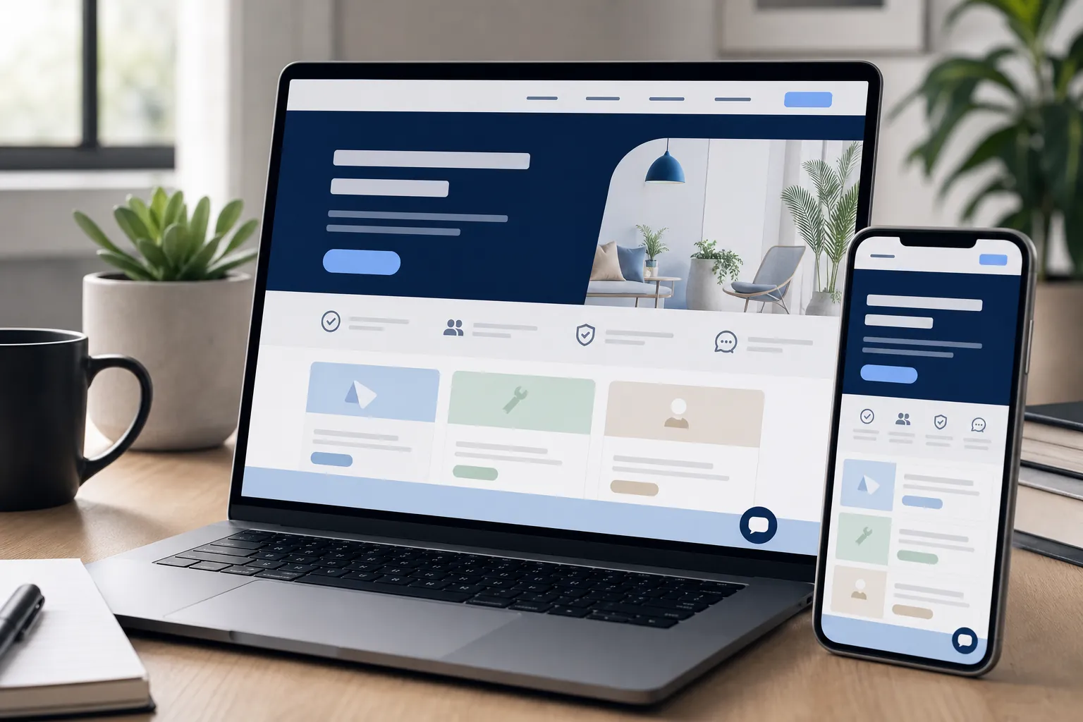Laptop and phone showing a clear first-screen website layout with proof and action areas