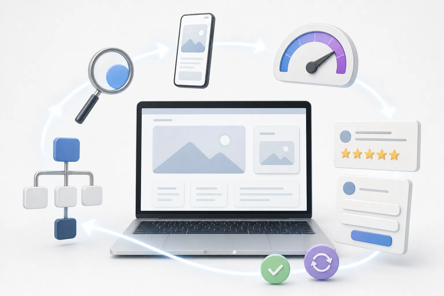 Laptop surrounded by search, mobile, speed, review and enquiry signals showing ongoing website improvement