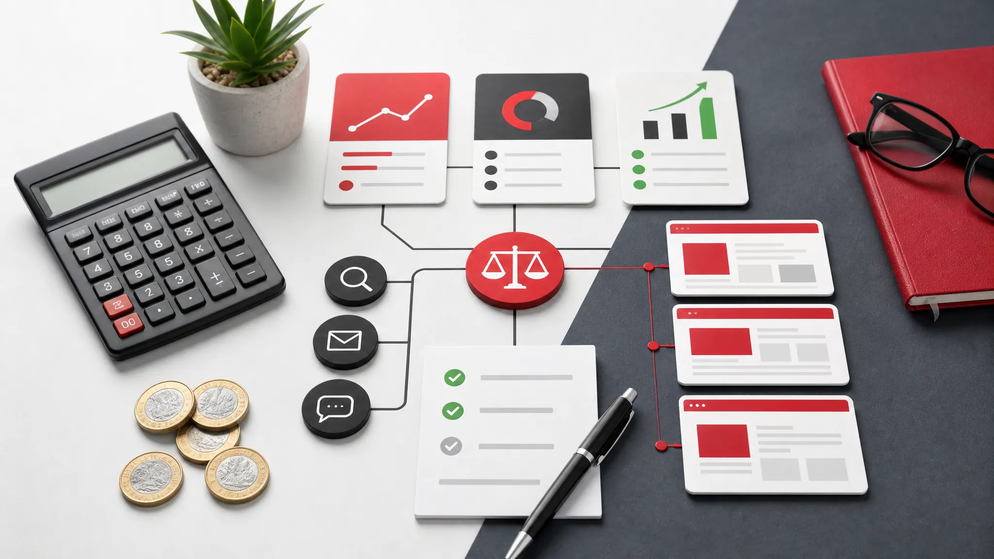 Desk scene showing monthly SEO value checks, enquiry paths, calculator and website cards