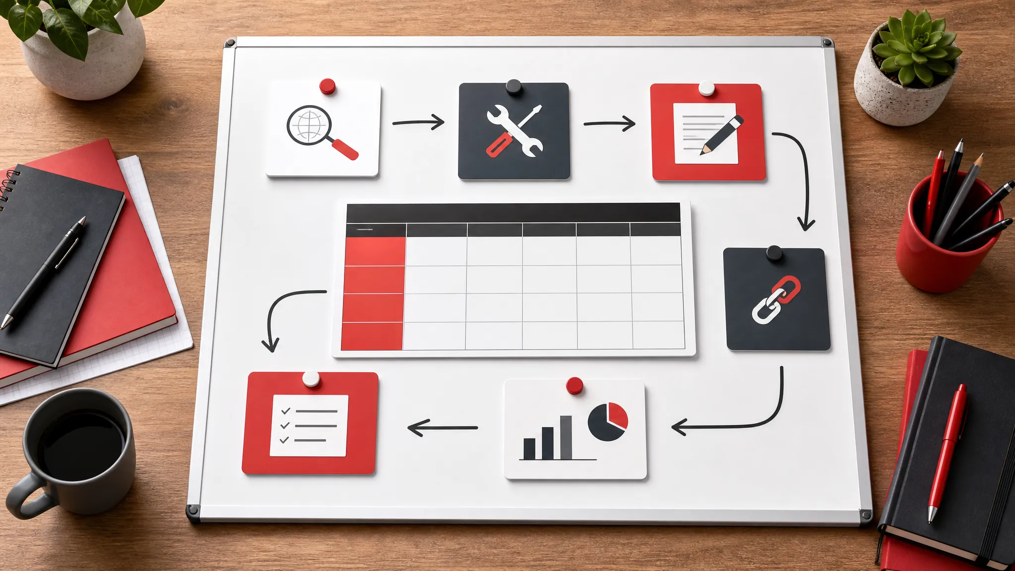 Monthly SEO workflow board with audit, fixes, content, links, reporting and next actions