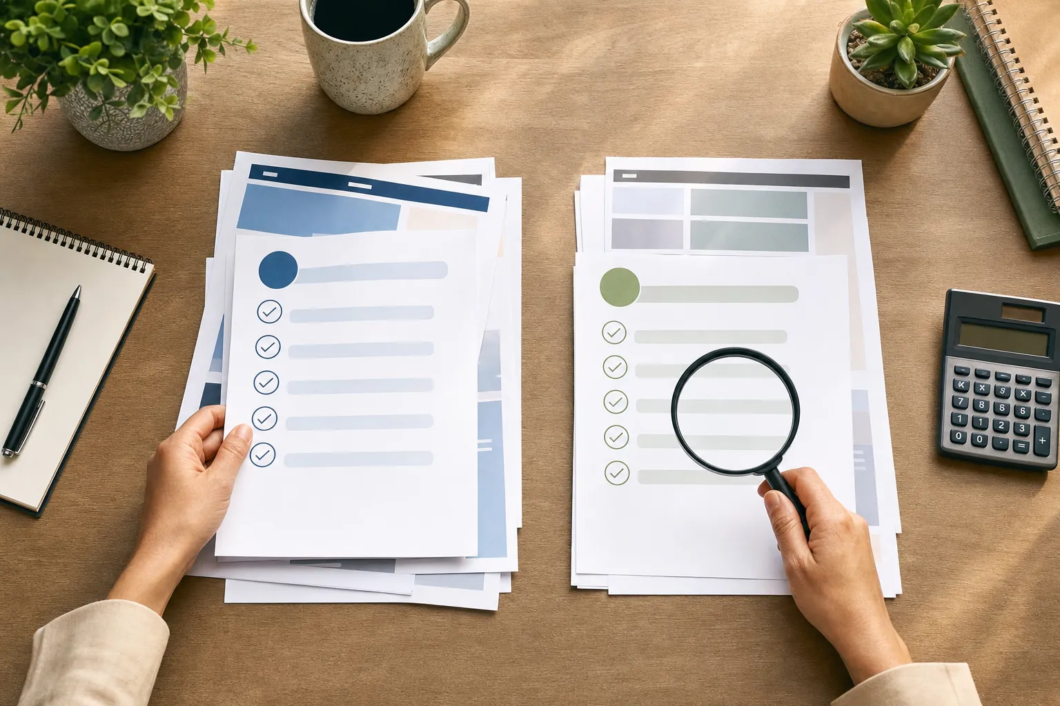 Business owner comparing two SEO service checklists with a calculator and magnifying glass