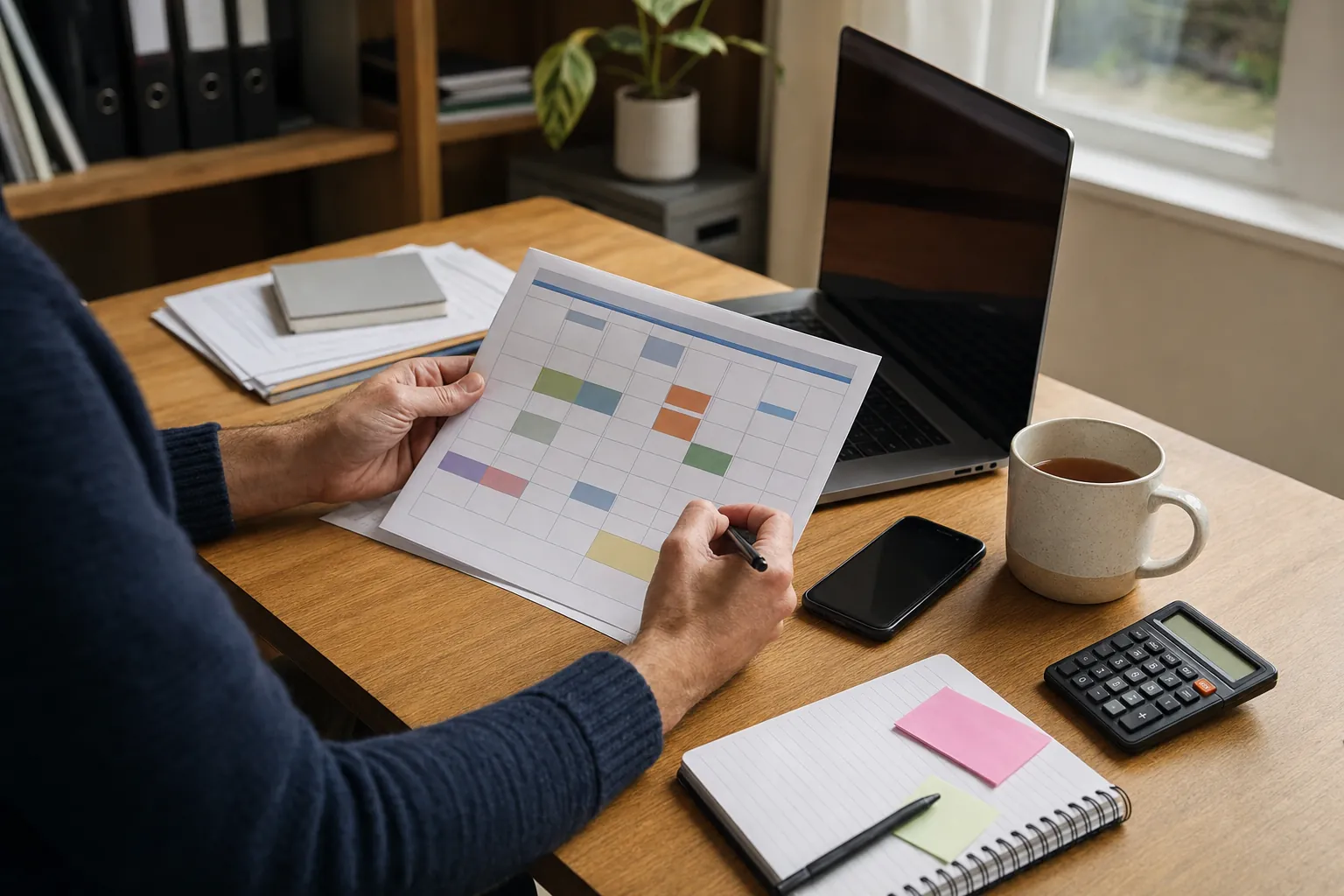 Small-business owner reviewing a monthly website improvement plan beside a laptop and calculator