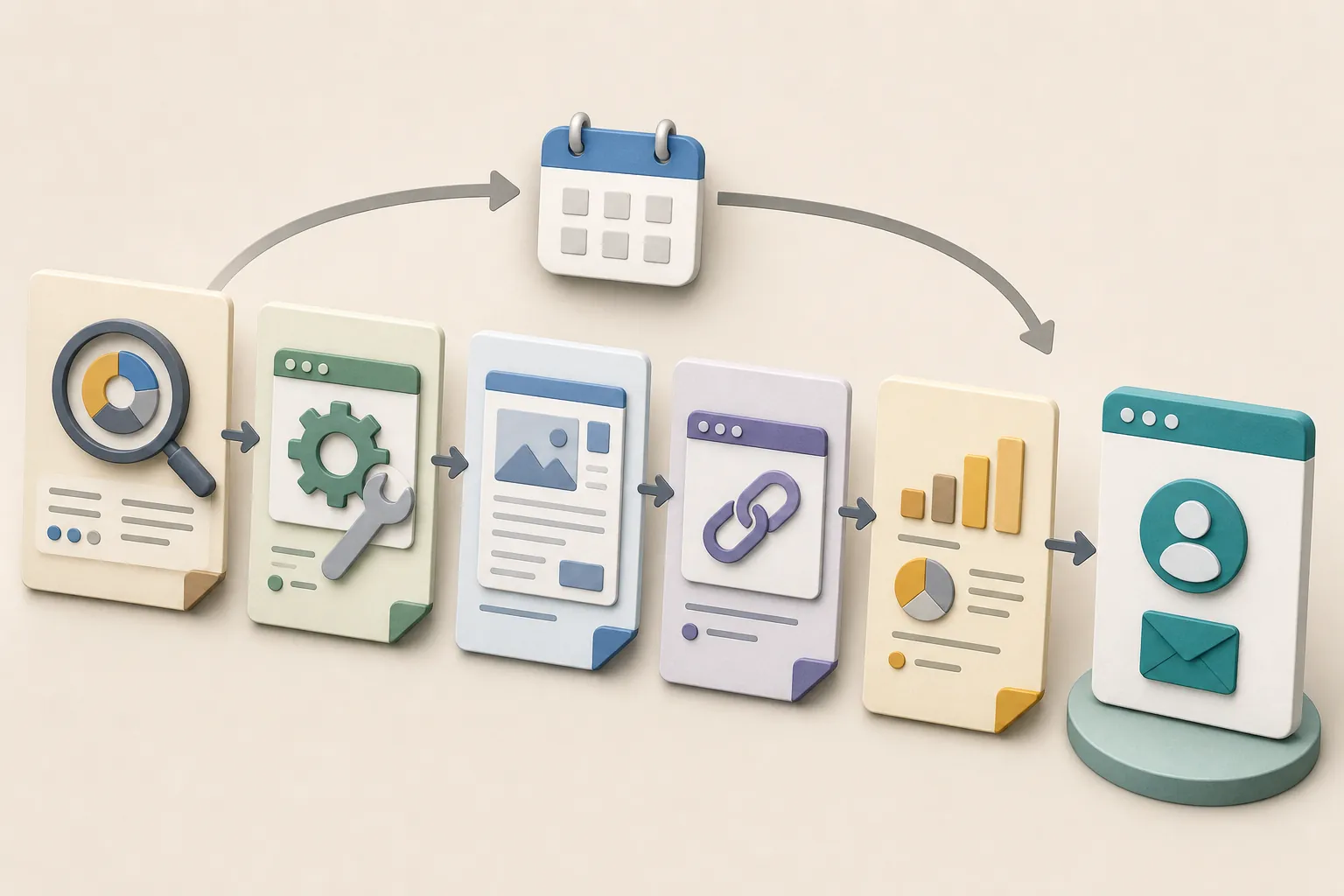 Monthly SEO workflow cards for audit work, technical fixes, content, links, reporting and enquiries