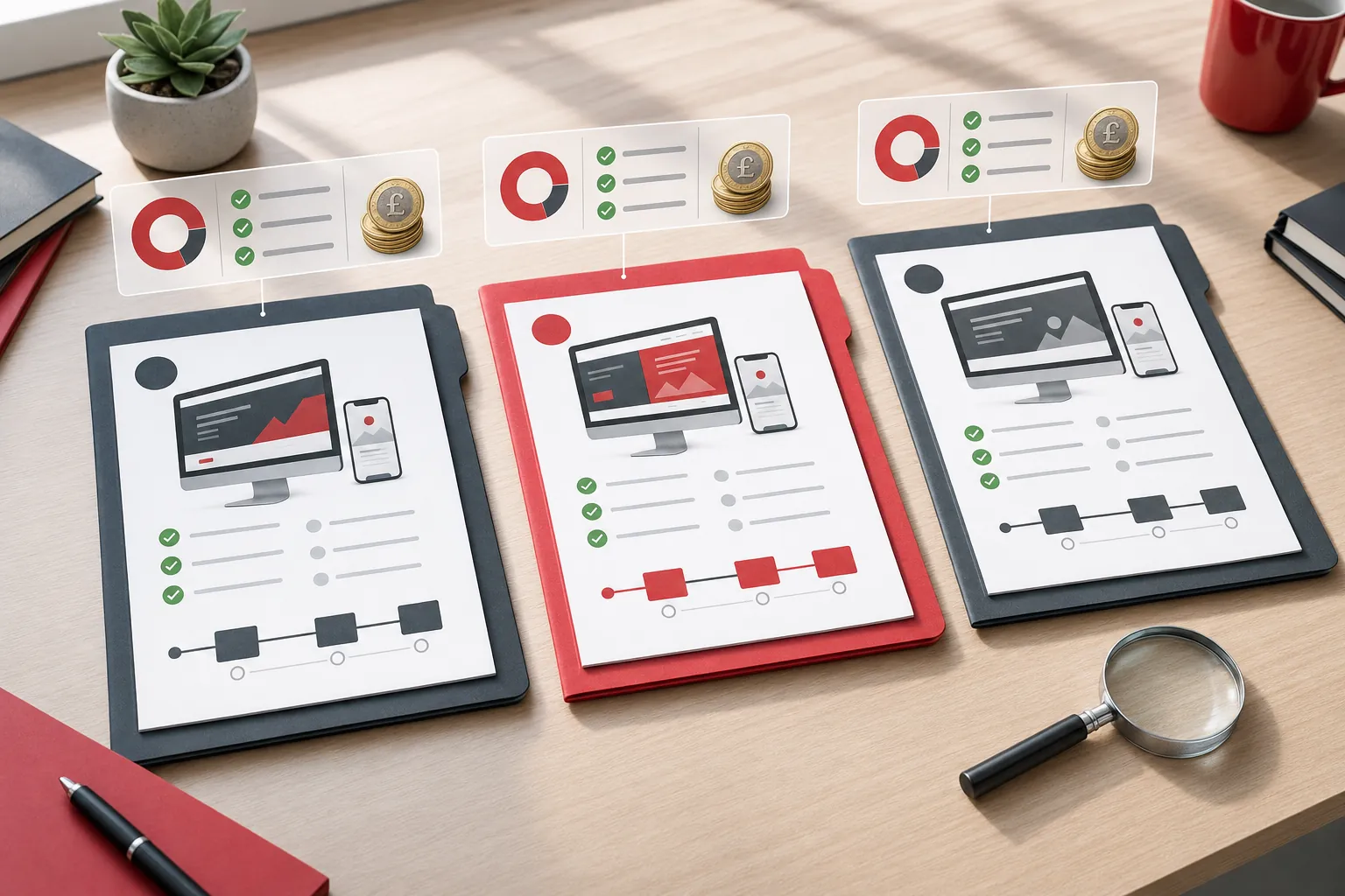 Three website design proposals with checkmarks, pound coins and device previews being compared