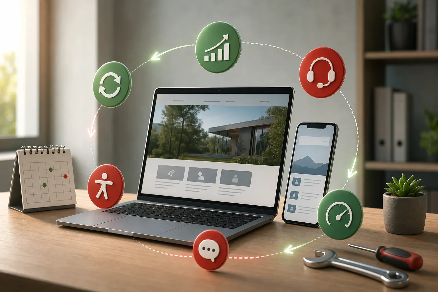 Laptop and phone surrounded by icons for updates, support, speed, accessibility and enquiries