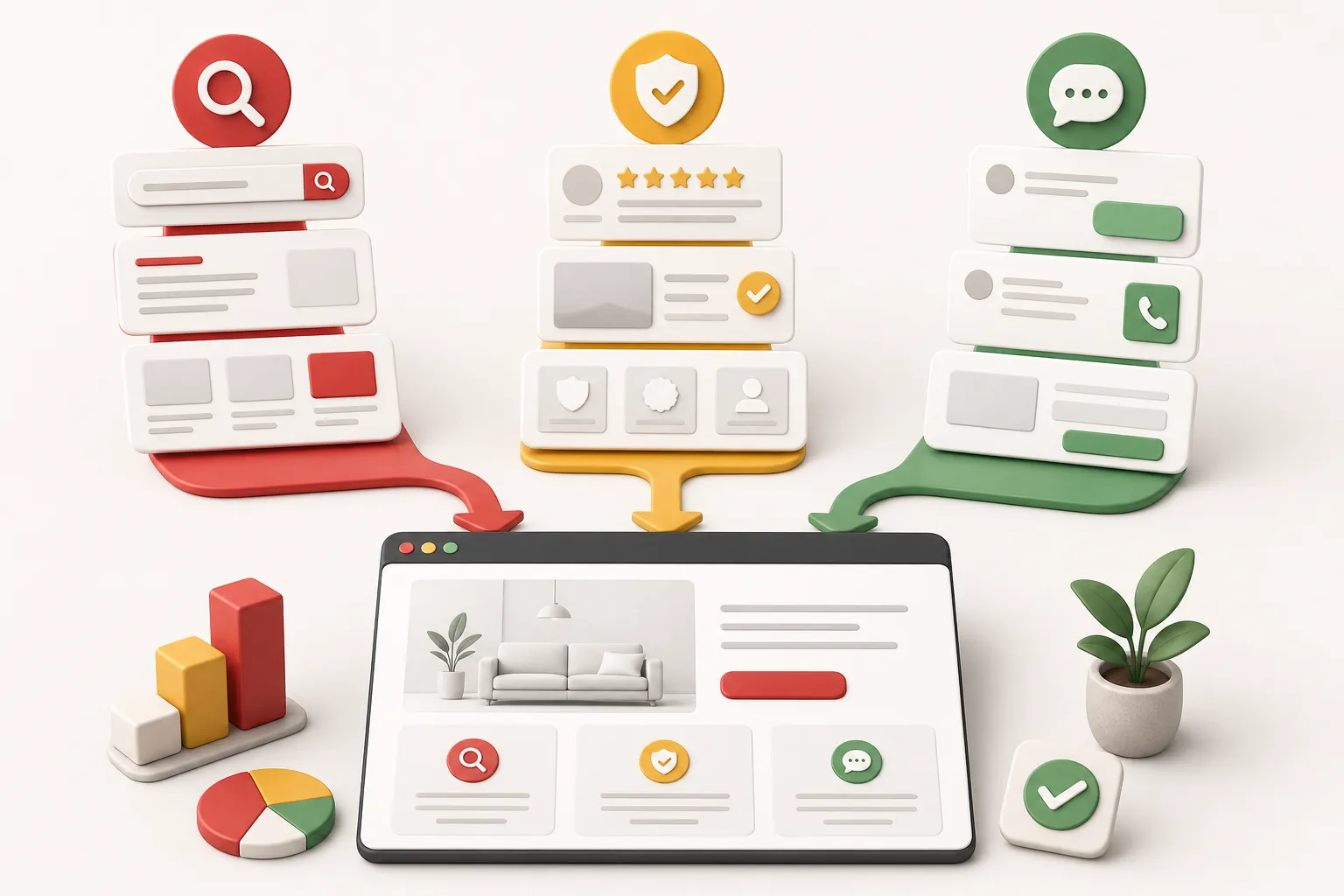 Three audit priority lanes for visibility, trust and enquiries flowing into an improved website screen