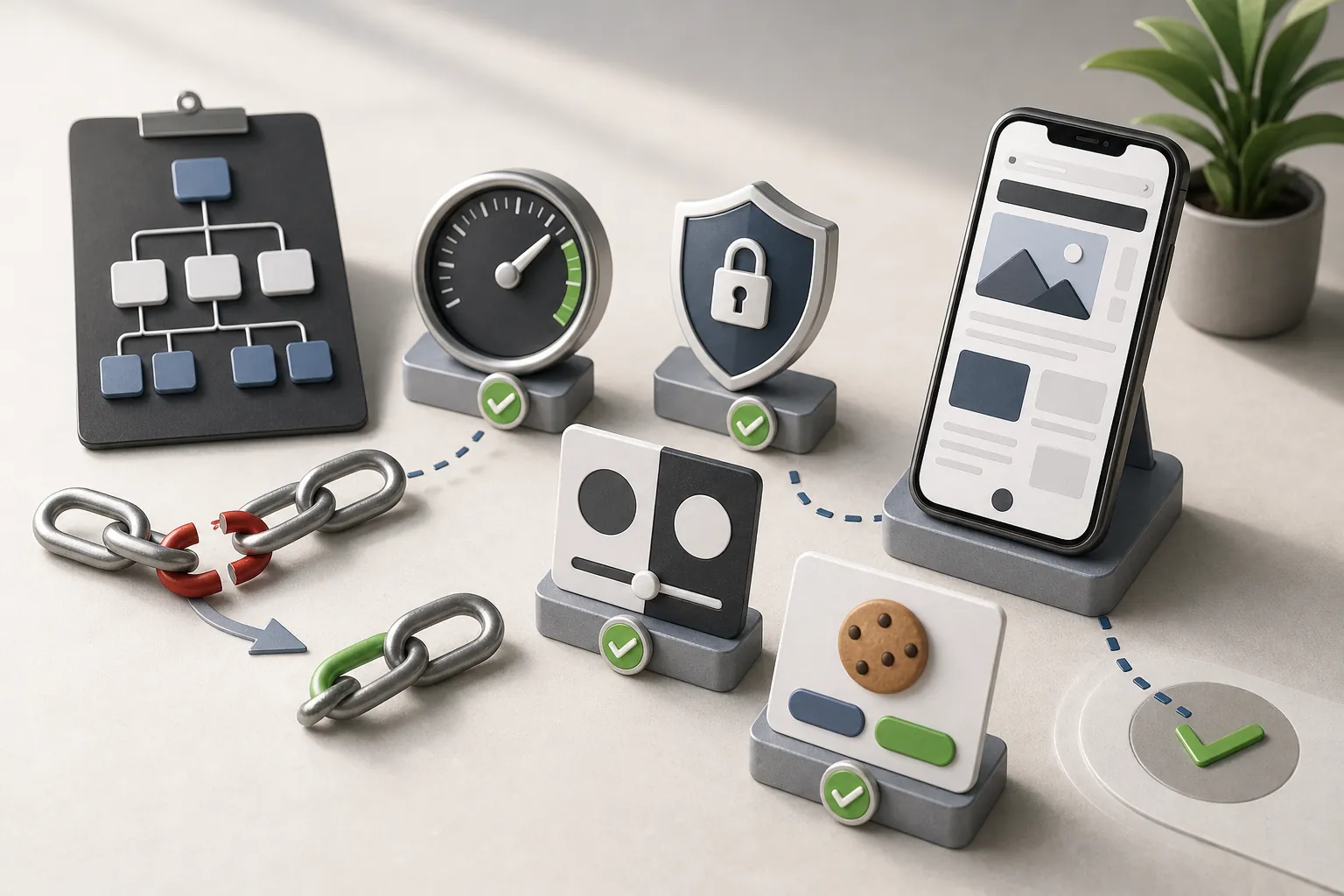 Mobile screen, sitemap, repaired link chain, speed gauge, security shield and cookie choice panel for website audit checks