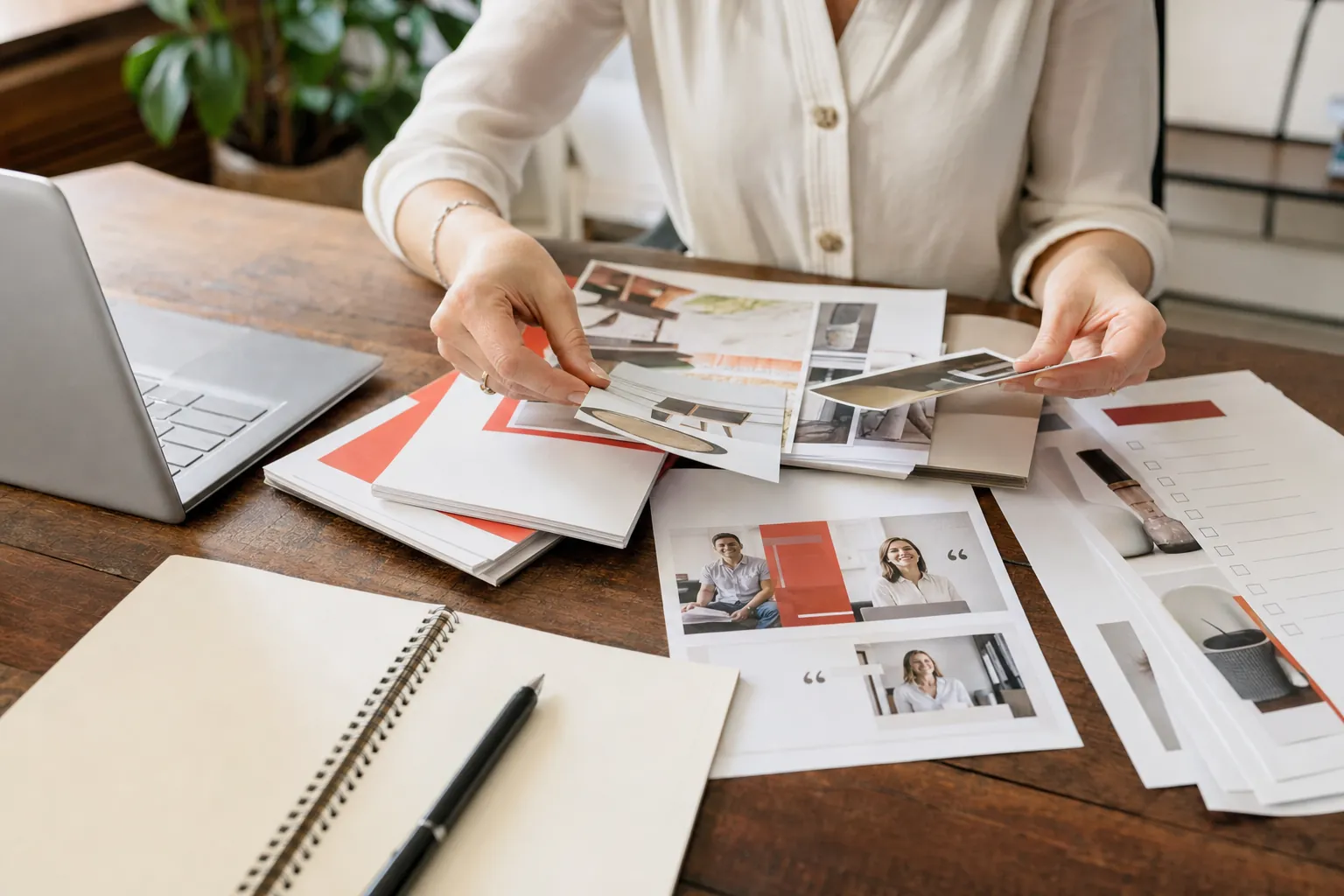 Business owner sorting testimonials, photographs and content materials for a new website
