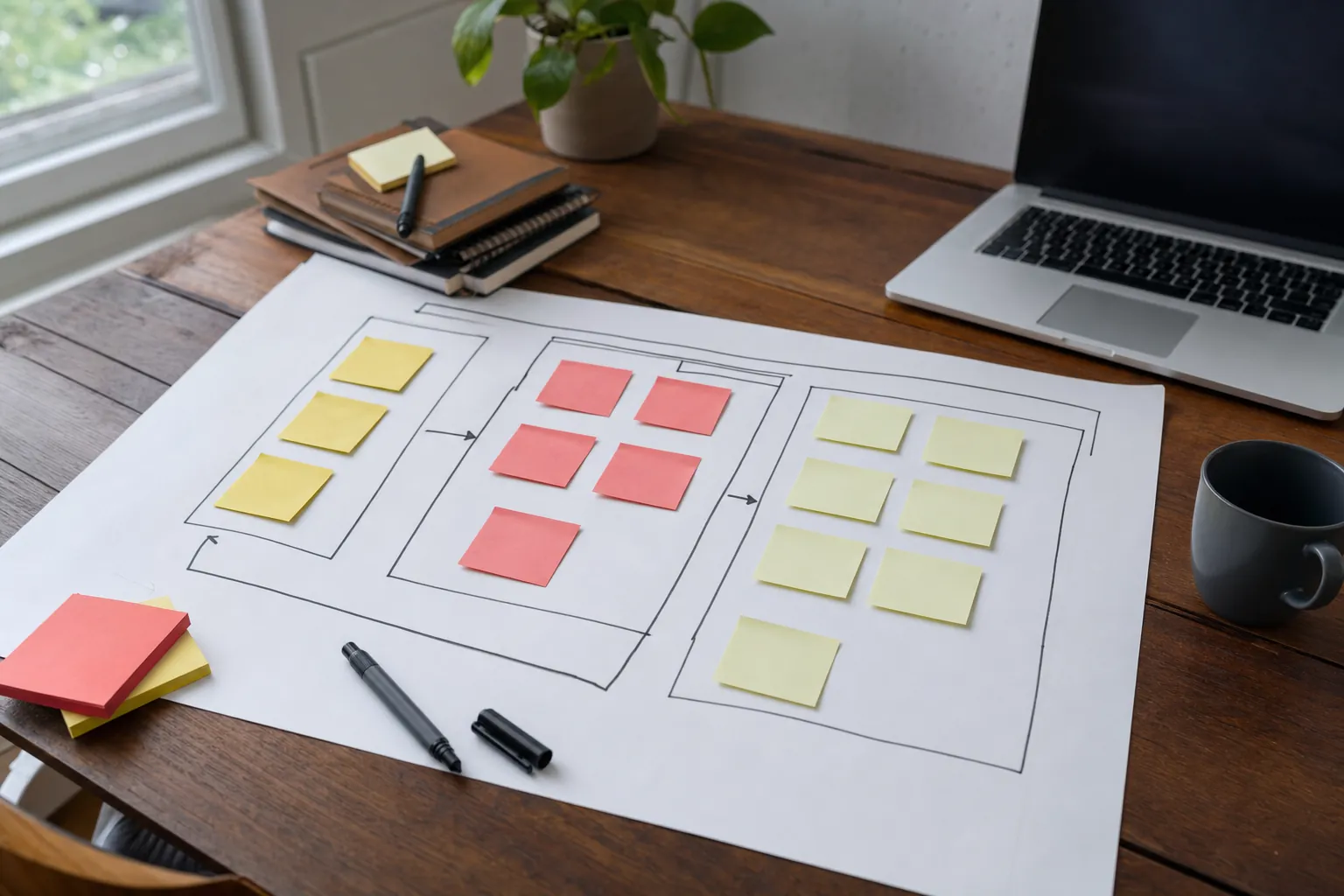 Website planning board with sticky notes grouping customer questions, business goals and website pages