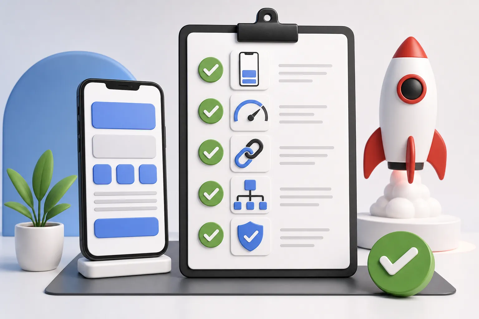 Mobile screen, speed gauge, link chain, sitemap nodes and privacy shield checked before a website launch