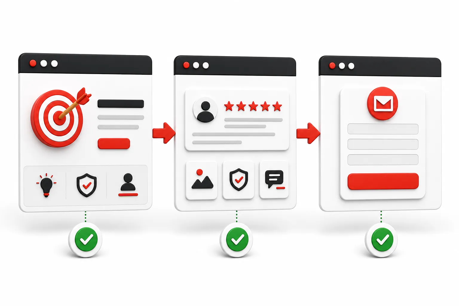 Three website panels showing a clear message, trust proof and an enquiry action flowing together