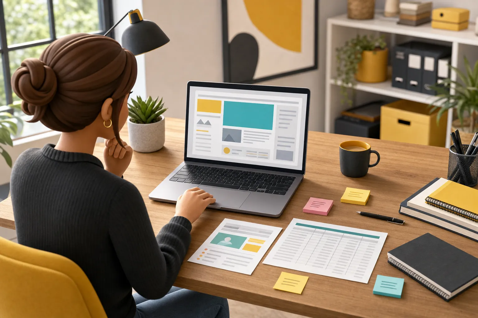 Small-business owner reviewing website pages and a content inventory at a desk
