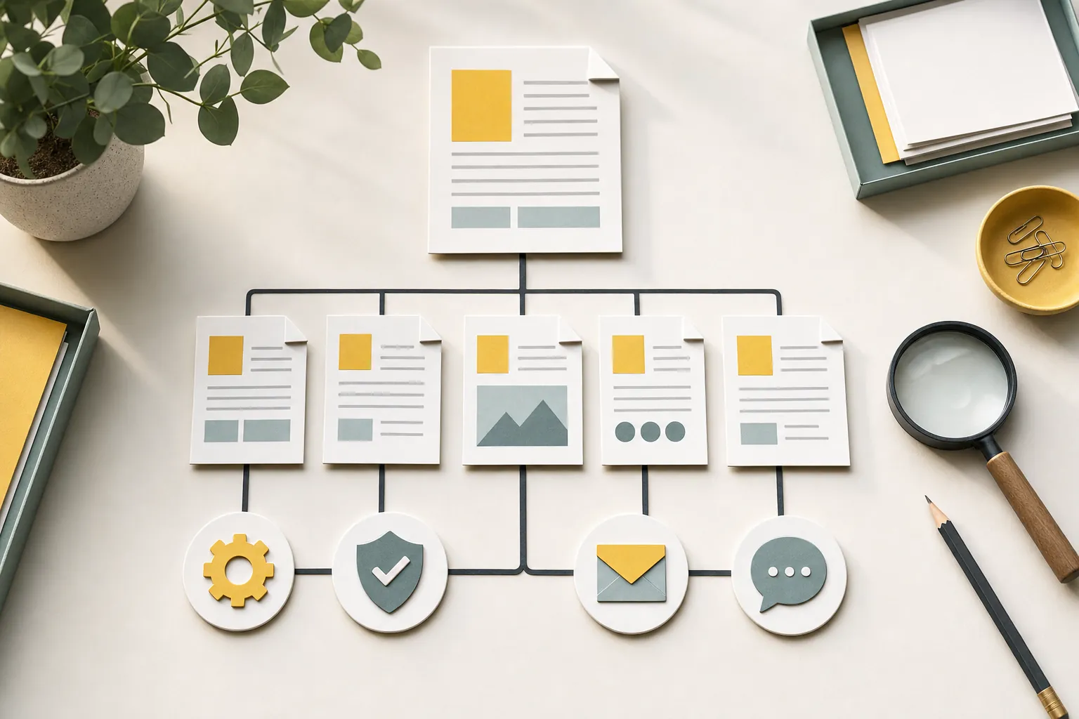 Website page cards linked to service, trust, email and customer-question symbols in a content inventory
