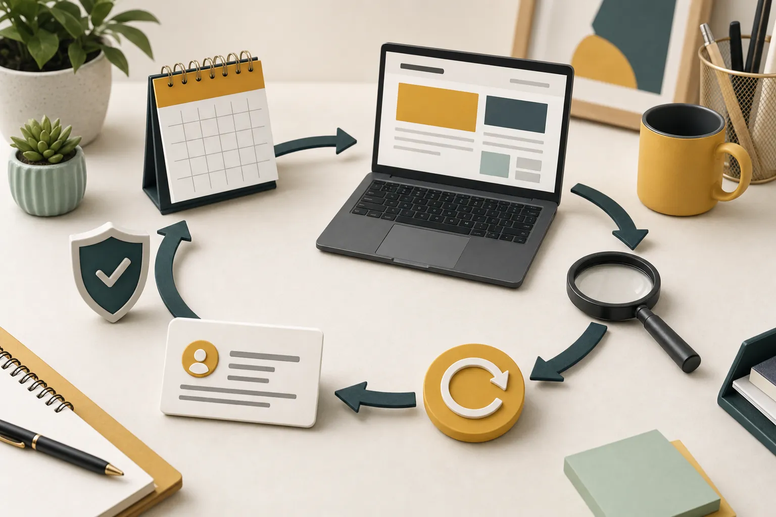 Calendar, website page, customer card, shield and magnifying glass arranged in a regular website-review loop