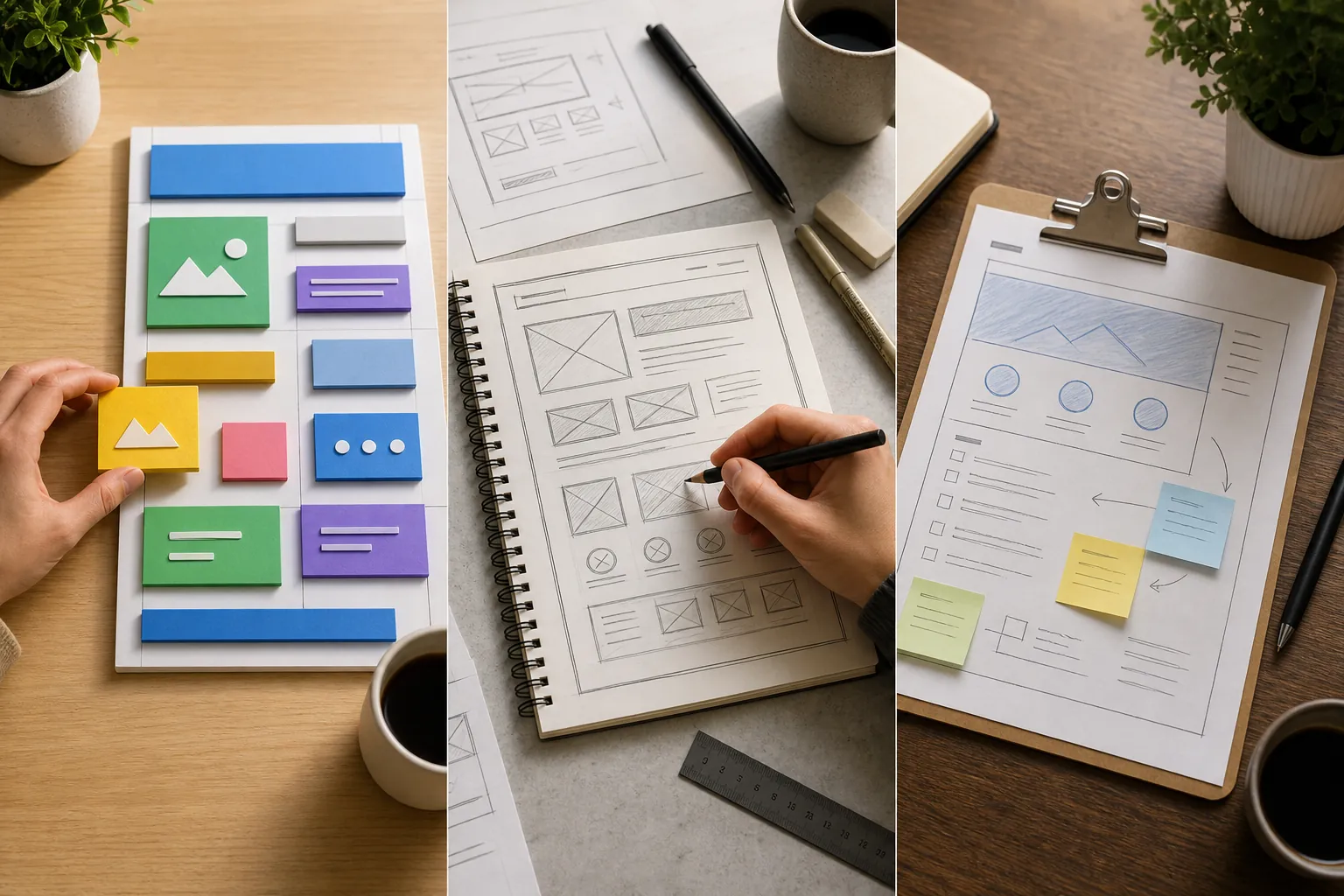 Three work surfaces showing DIY website blocks, design sketches and managed website planning