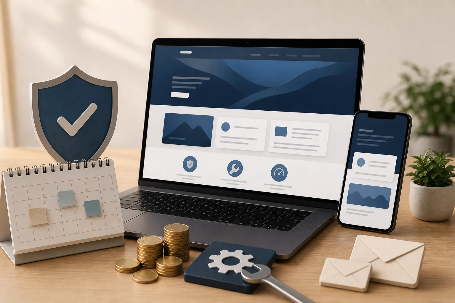 Laptop, phone, calendar, shield and enquiry icons showing ongoing website costs and support