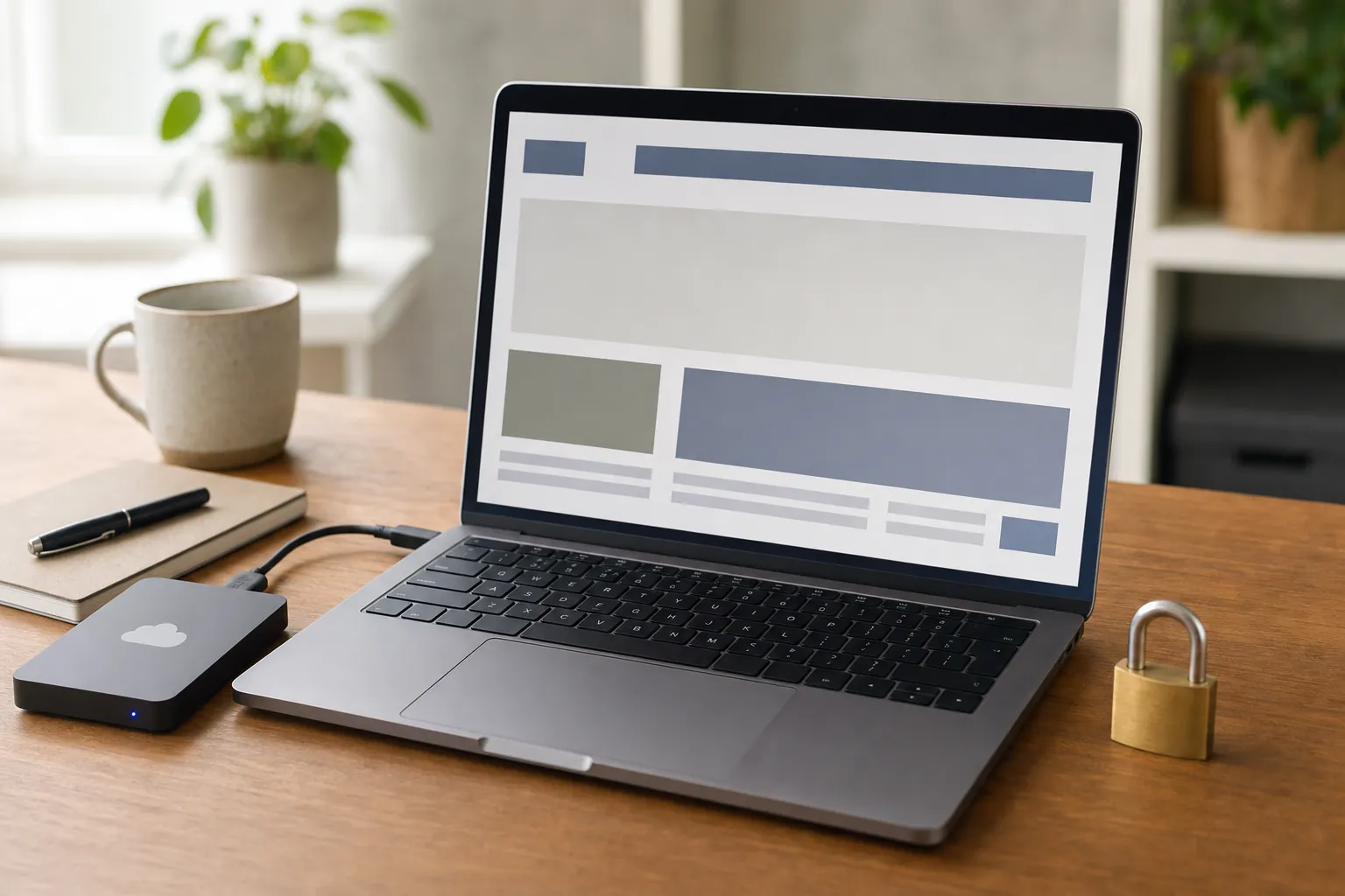 Laptop beside a backup drive and padlock, representing website backups and security care