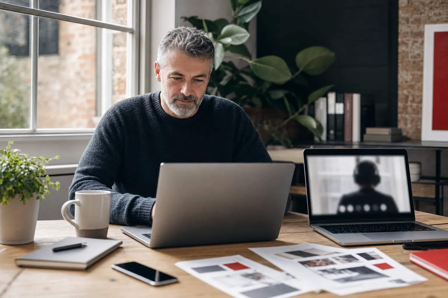 Small-business owner reviewing a website while receiving remote support on a second laptop