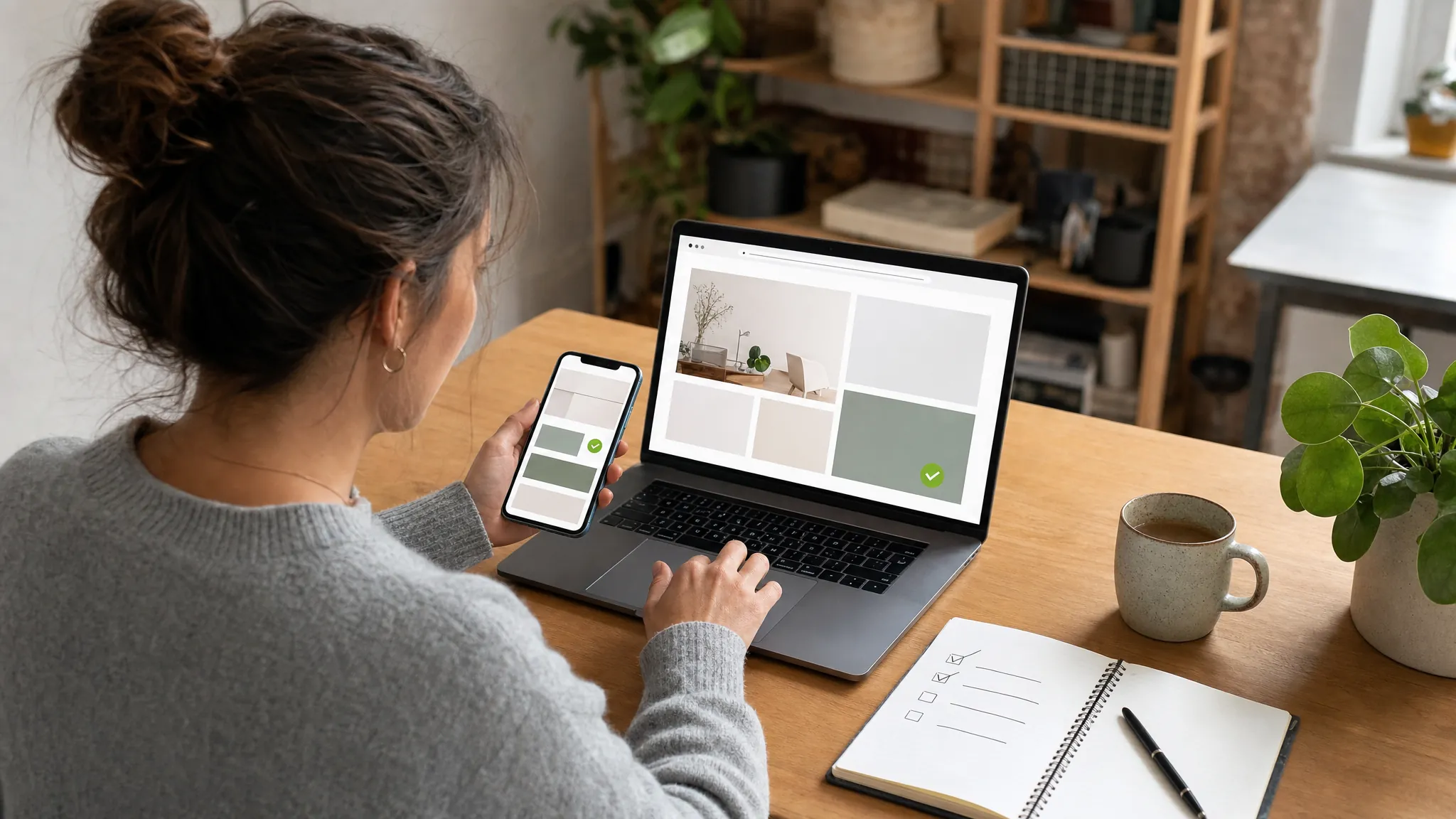Small-business owner checking a redesigned website on a laptop and phone