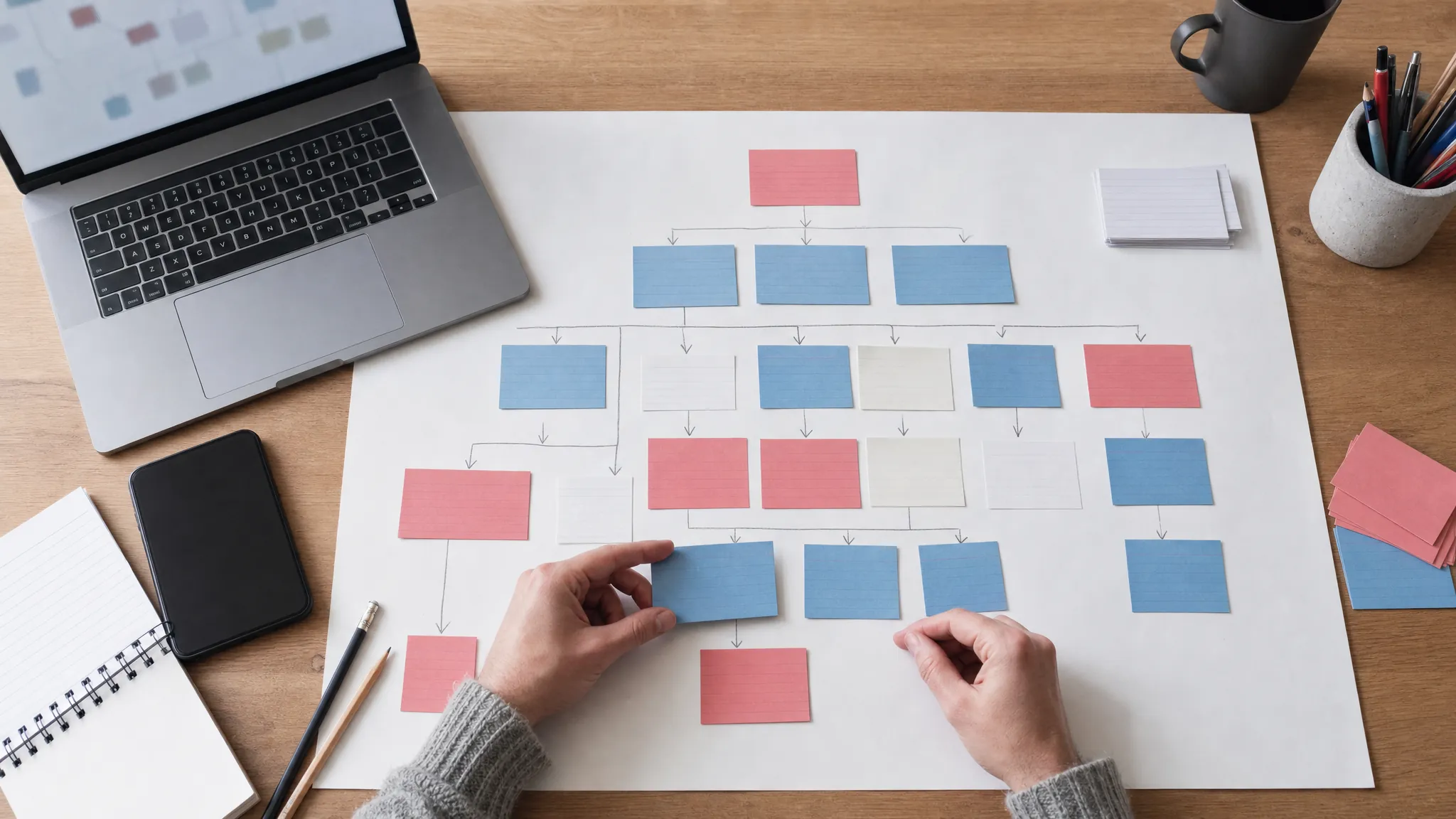 Website page map built from coloured cards, arrows, a laptop and phone on a desk