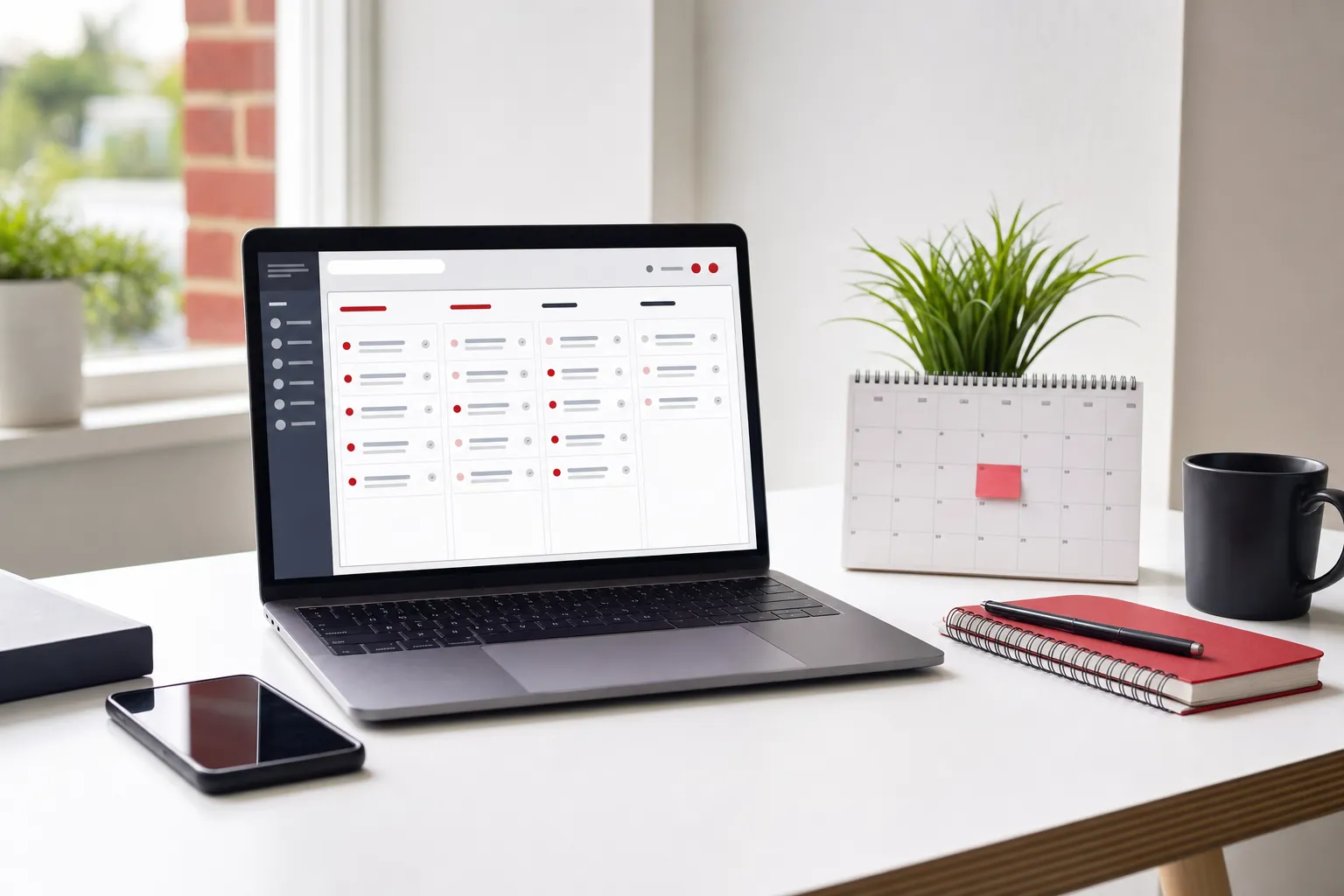 Laptop, desk calendar and notebook representing planned website support and regular website care