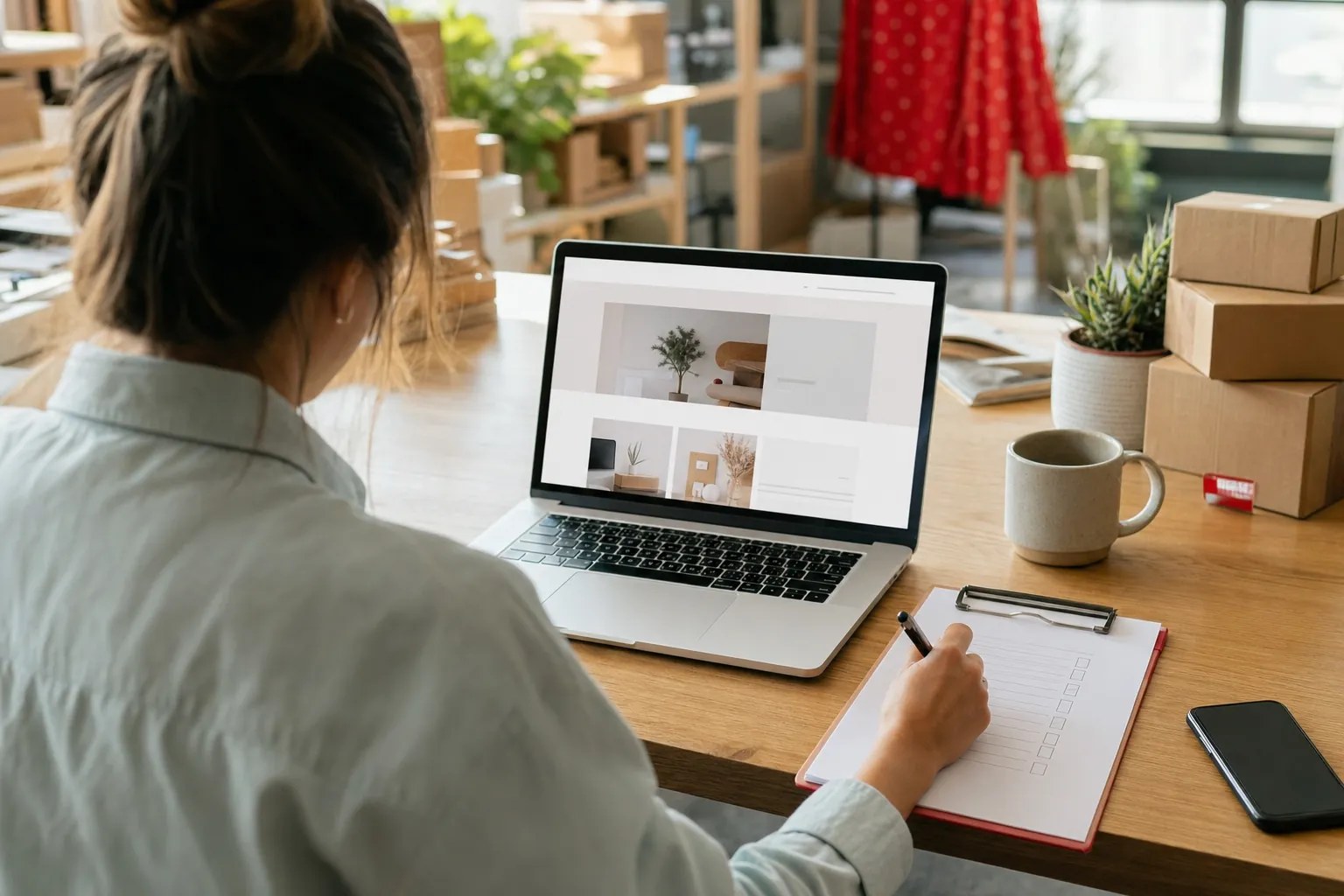 Small-business owner reviewing a generic website and making notes from a checklist