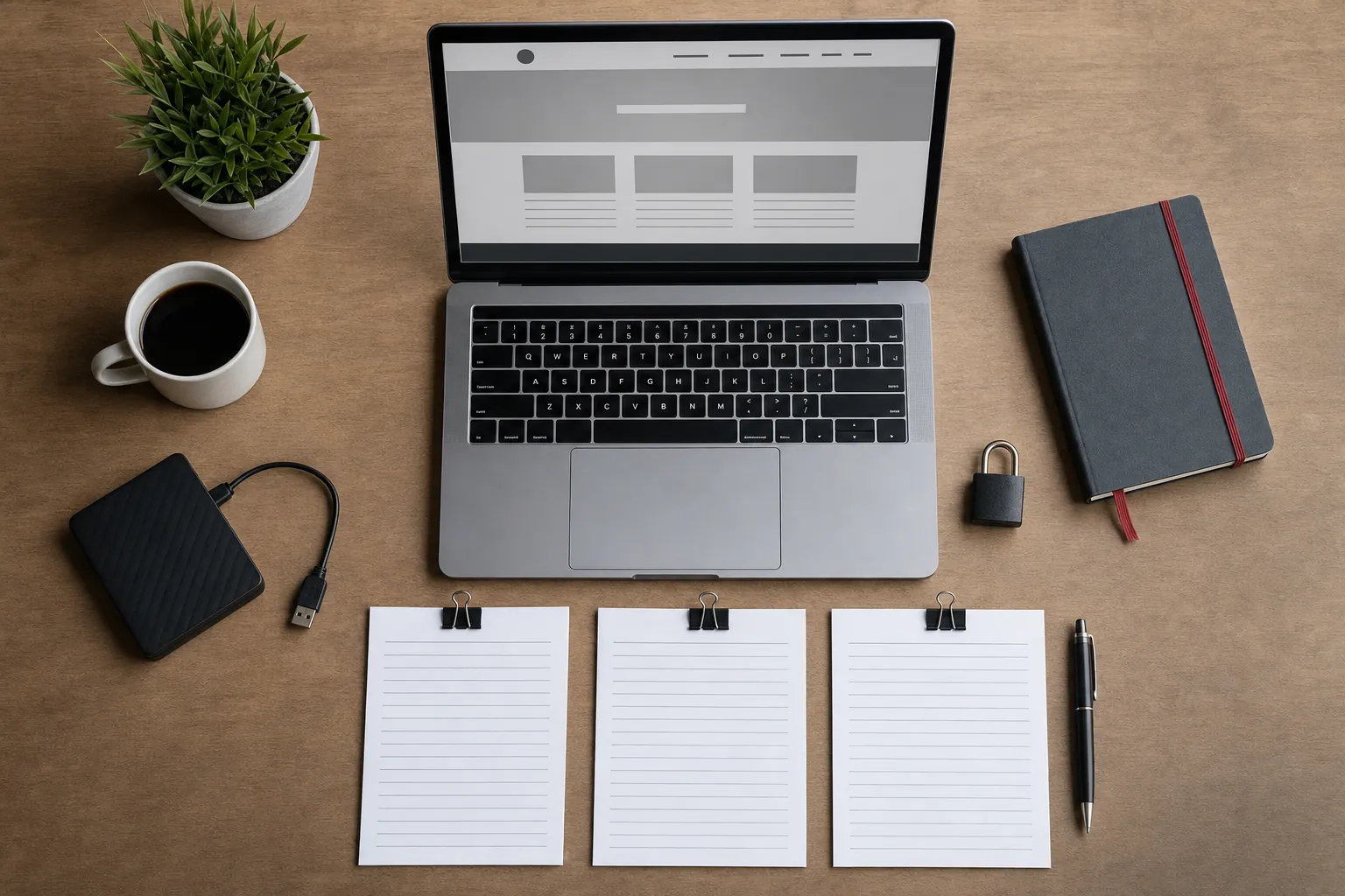 Laptop, backup drive, padlock and blank checklist sheets on a desk for comparing website support scope
