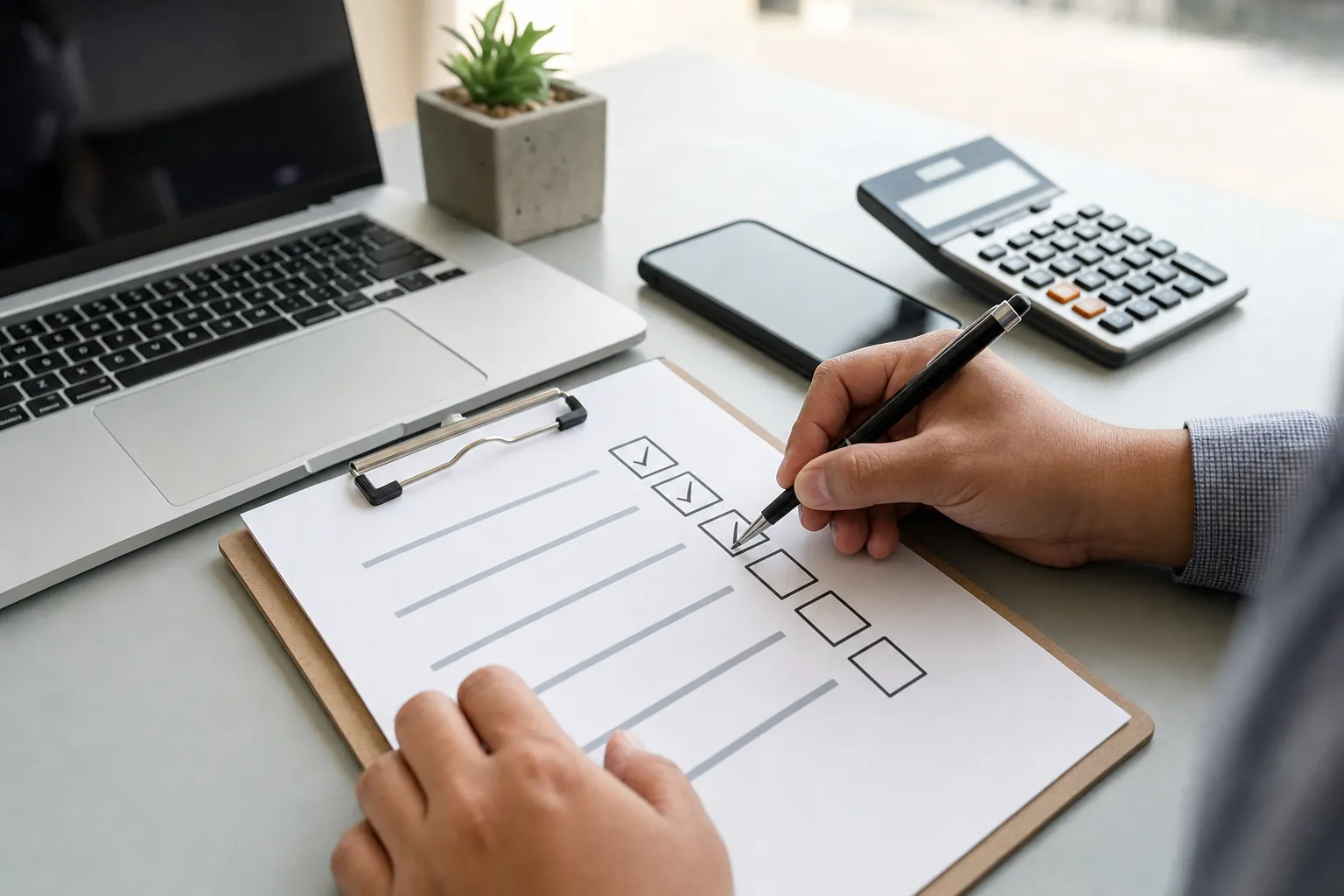 Business owner using a practical selection checklist beside a laptop and calculator