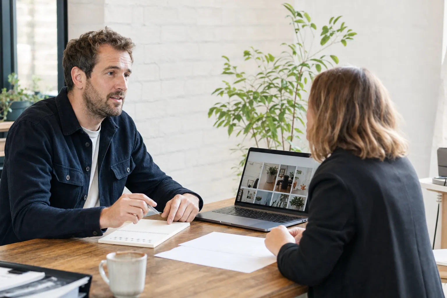 Small-business owner discussing a website growth plan with a digital specialist