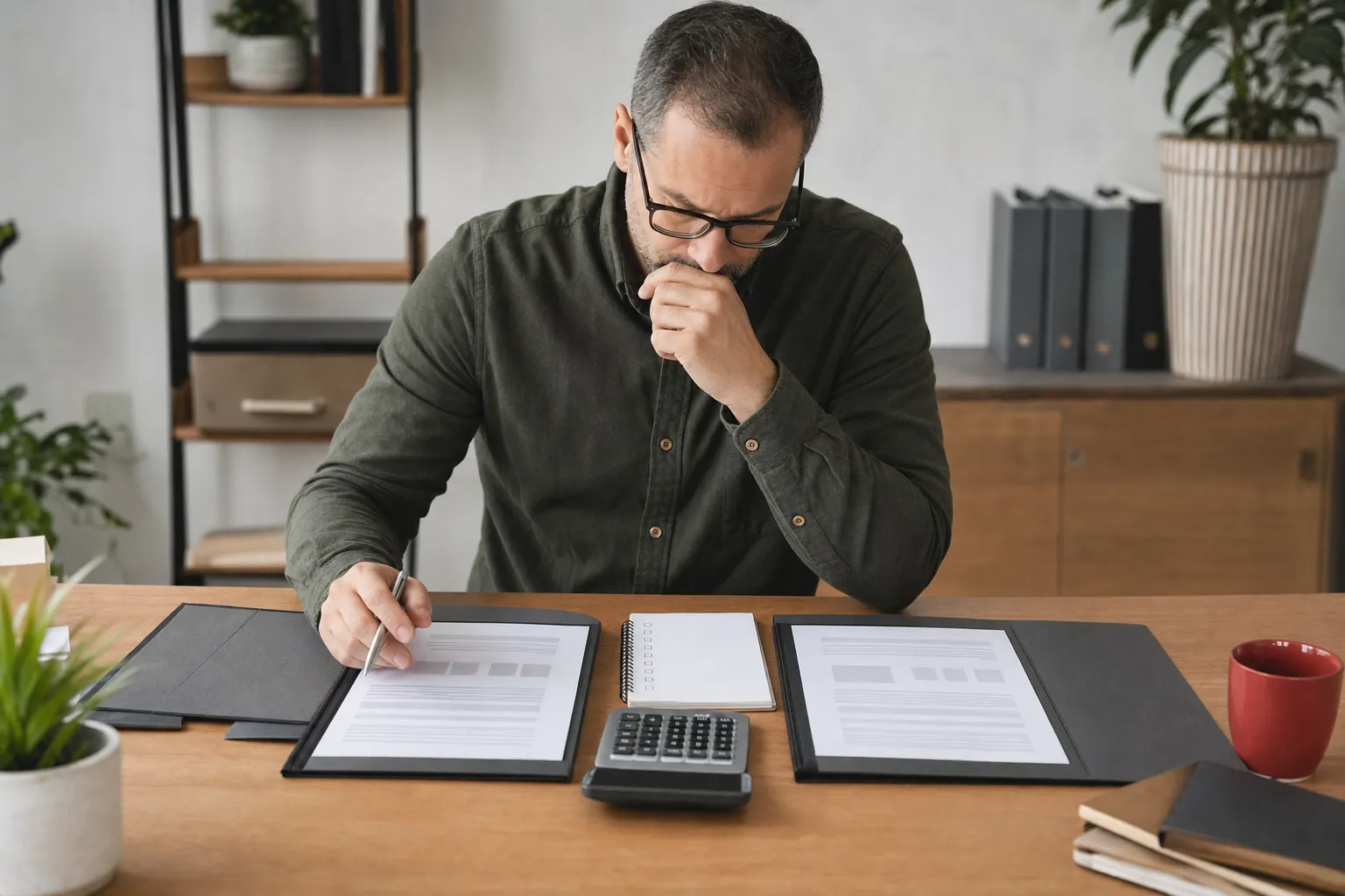 Small-business owner comparing two service proposals with a checklist and calculator