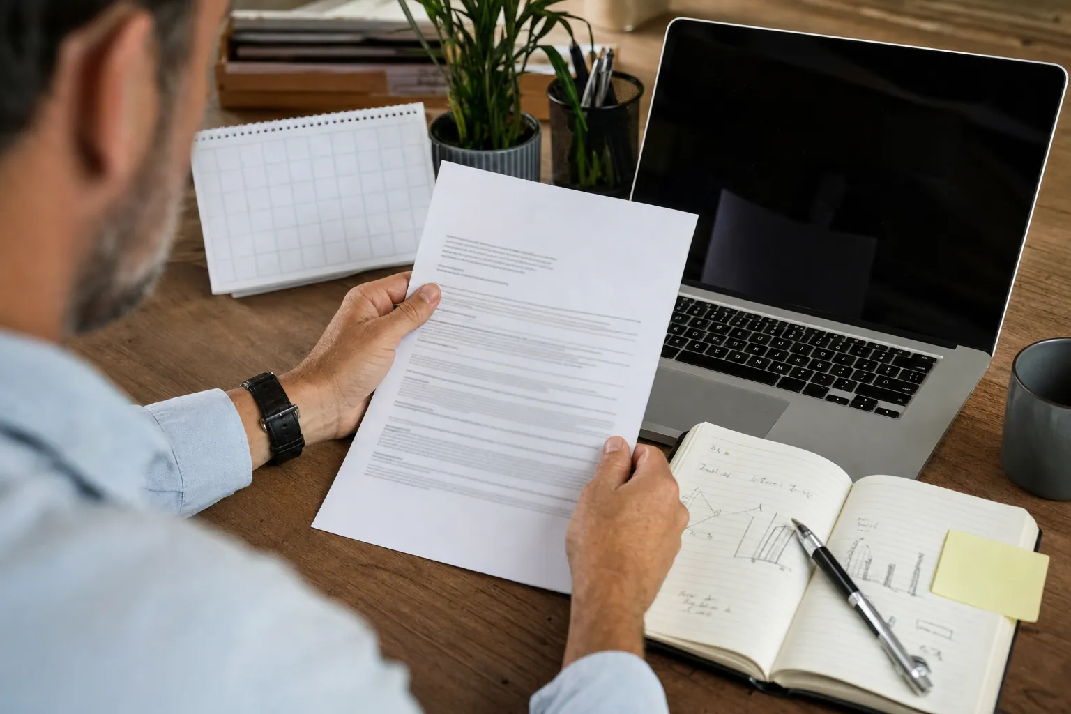 Business owner reviewing service terms beside a calendar, notebook and laptop