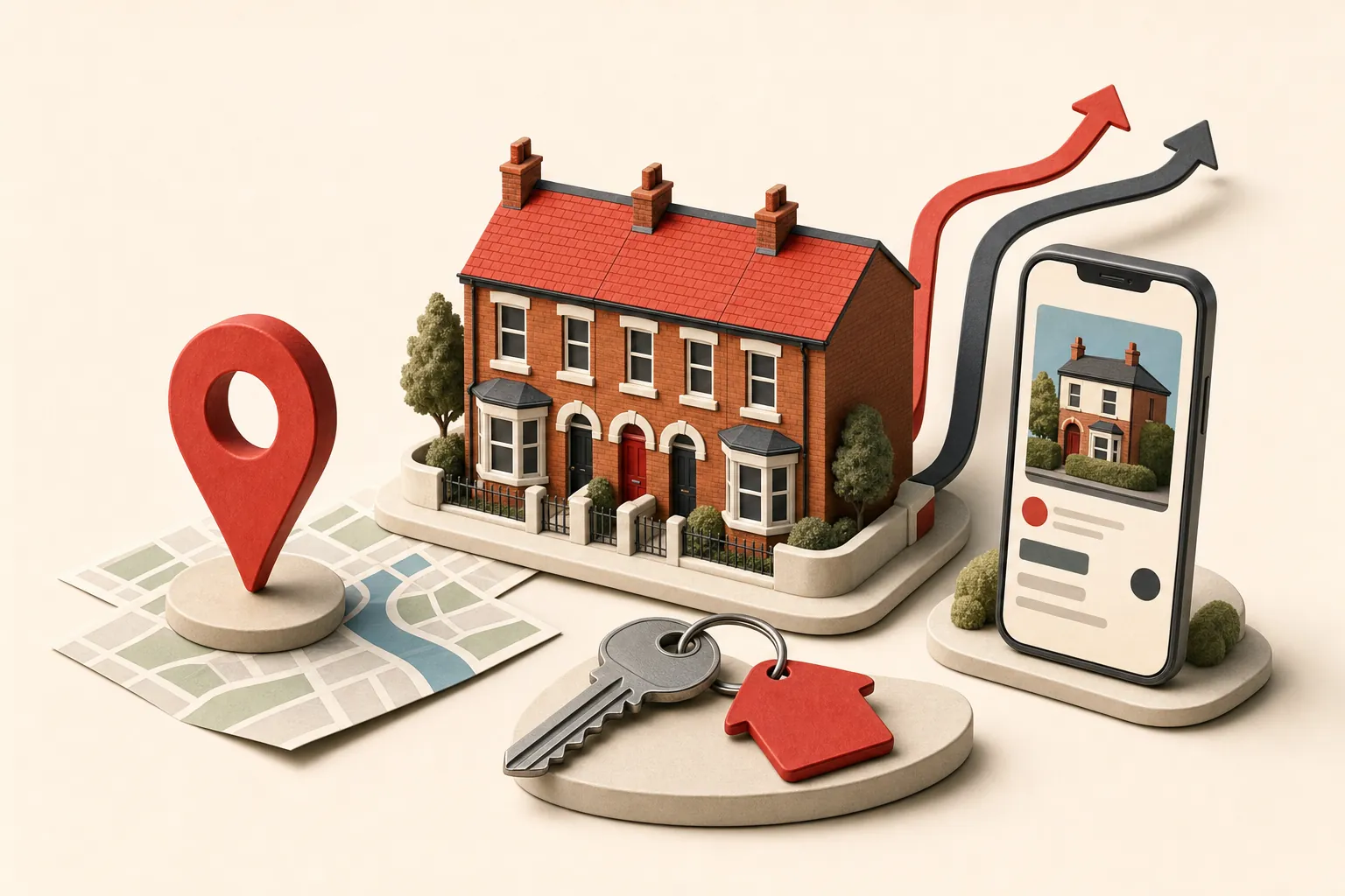 Illustration of a terraced house, local map pin, keys and property enquiry screen
