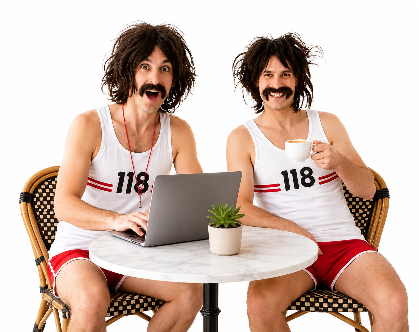 118 118 Sites characters at a cafe table with a laptop